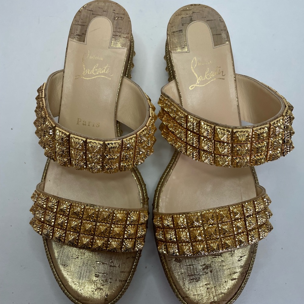 RARE Christian Louboutin Gold Spike Red Sole Platform Sandal Espadrille - Picture 3 of 16